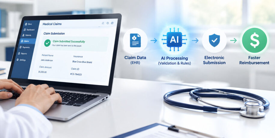 AI claim scrubbing in the DocVilla EHR — claim checked against payer rules before submission